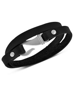 Mens Stainless Steel Bracelet, Black Leather Double Wrap Bracelet