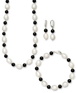 Sterling Silver Jewelry Set, Cultured Freshwater Pearl and Onyx