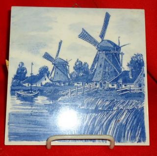Handpainted Delft Blauw Tile Wind Mill River Scene Holland