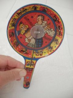 Vintage TIN toy NOISEMAKER party Frying Pan shape w/ spanish flaminco