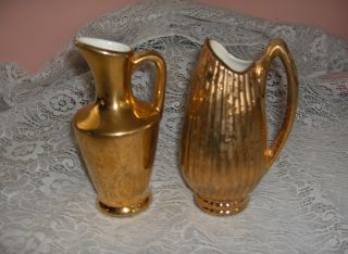 Vintage Ceramic Art Pottery Weeping Bright Gold Pitcher Bud Vases 22 K