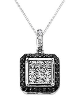 Sterling Silver Necklace, Black and White Diamond Square Pendant (1/5