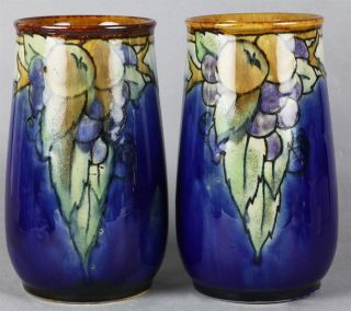 Superb Pair Doulton Lambeth Pigment Painted Vases C 1920