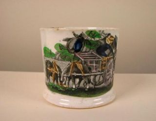 Antique Staffordshire Childs Mug Polychrome dec Horses & Wagon Early