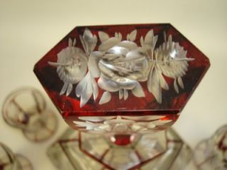 Antique Czech Bohemian Ruby Cut Crystal Cordial Set