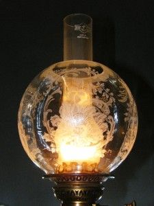 Victorian Duplex Kerosene Oil Paraffin Lamp Rococo Etched Shade Globe