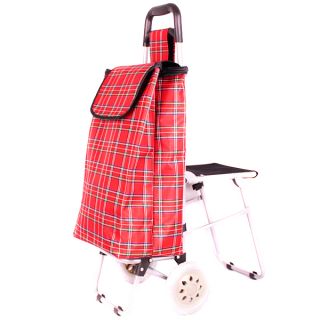 Shopping Cart Trolley with Folding Seat Plaid Red