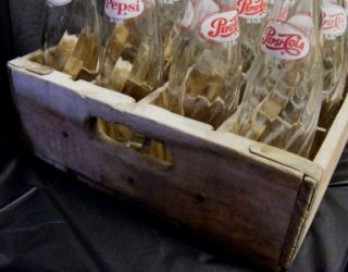 24 Empty Pepsi Cola Soda Glass Bottles Wood Crate w Red Lettering Very