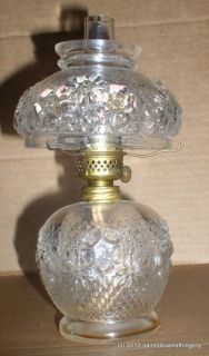 Antique Cosmos Pattern Clear Glass Miniature Mini Oil Lamp Complete