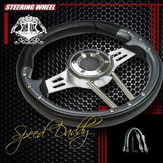Universal PVC Leather Aluminum 33cm Racing Steering Wheel Black Silver