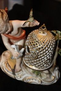 Antique Meissen Porcelain Figurine Putty Cupid with Birds and Cage