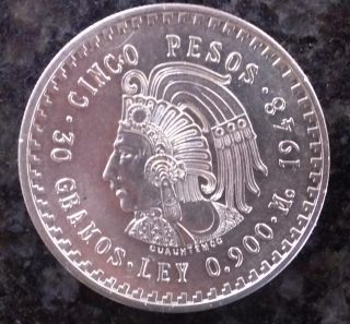 Mexico 1948 5 Pesos Cuauhtemoc Bright Detailed Uncirculated 30 grams