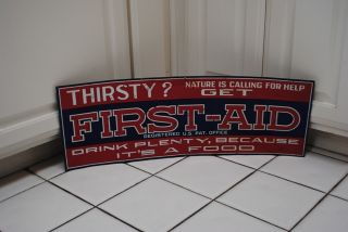 Antique Vintage First Aid Soda Advertising Embossed Red White Blue Tin