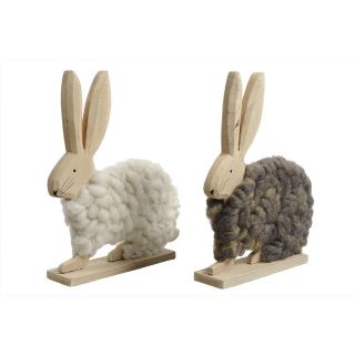 Holz Hase mit Wolle, 2er Set, braun und weiß