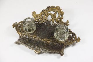 Historismus Schreibzeug Metallguss bronziert & 2 Glas Behälter