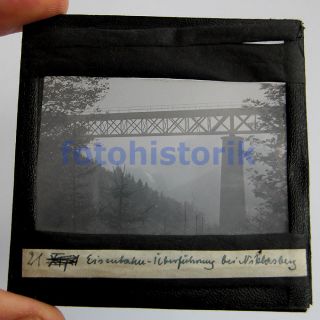 altes Glas Dia Eisenbahn Brücke Niklasberg / Mikulov ca.1935 Böhmen
