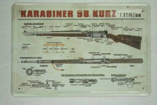 Blechschild Gewehr Karabiner 98 mit Beschreibung 20x30 cm Metallschild
