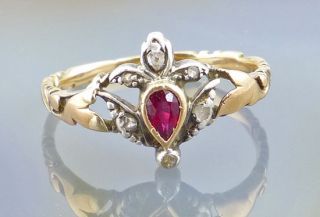 Antikschmuck 585er Gold & Silber Ring Diamantrauten & Rubin Rotgold
