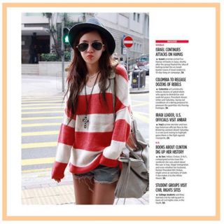 Vintage Japan Cute Pullover Longshirt Boho Striped Rot Weiß M NEU