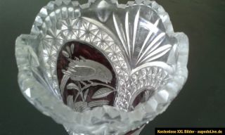 Bleikristall, Kristallvase, Vase, klar/rot, mit Vogelmotiv, Dekor