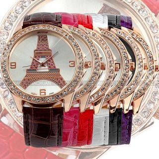 Farben Kristall Quarzuhr Damen Uhr Eiffelturm Leder Armbanruhr