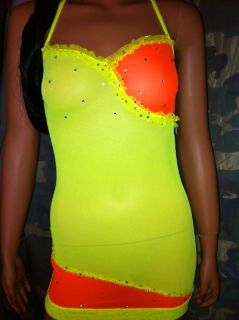 Sexy Gogo Kleid + Tanga Neon Gelb Orange UV Netz Minikleid Short Dress
