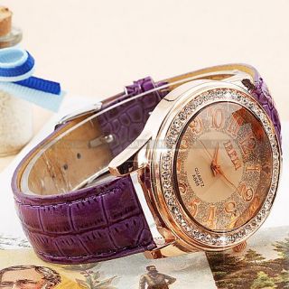 Elegante Damenuhr Kristall Quarz Uhr 6 Farben Leder Armbanruhr Watch