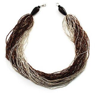 Extravagante mehrreihige Halskette aus Glas  und Holzperlen (Braun