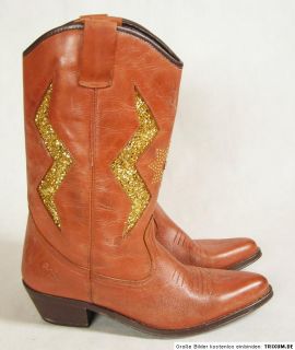 Cowboystiefel Stiefel 40 Braun Gold Glitzer Leder Vintage