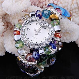 Farbig Kristall Glas Armreif Armbanduhr Damenuhr Gummizug