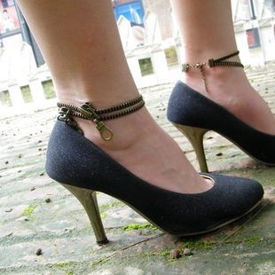 New Ladies Punk Bronze Metal Barefoot Sandal Zipper Zip Anklet Foot
