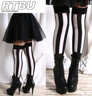Punk EMO Gothic Black White Wide Verticle Stripe Burlesque Thigh Hi