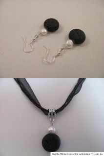 Lava & SüßwasserZuchtperlen   Halskette & 925 Echt Silber Ohrringe
