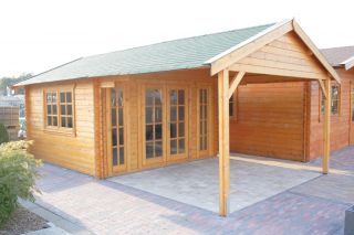 Gartenhaus, Gerätehaus 380x380cm + 420 cm Dachverlängerung Hütte