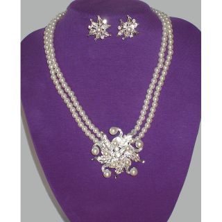 Neu Schmuck Set Kette + Ohrringe Perlen Strass Perlenkette Braut