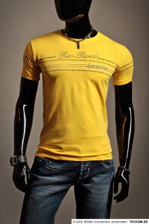 Shirt gelb Baumwolle/Elasthan Rundhals Kurzarm Print mit Strass
