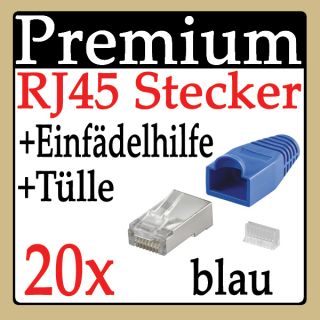 RJ45 Stecker + Einfädelhilfe + Tülle blau 20 Stück