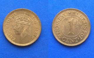 Seychelles One Cent Coin. 1948 Uncirculated Red and brown. KGVI