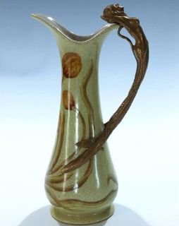 Jugendstil Vase Henkelvase m. Bronze Frau Meerjungfrau Mädchen