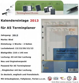 A5 BIND SYSTEM Kalender Einlage 2013   Kalendarium 1Woche/2Seiten
