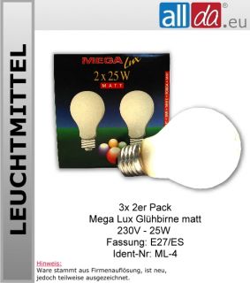 MEGA LUX Glühlampe MATT LAMPE 25 Watt   6Stück (ML 4)