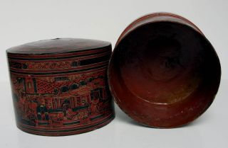 Lacquerware Betel Nut Box, Burma, Myanmar, in Black,Green,Orange and
