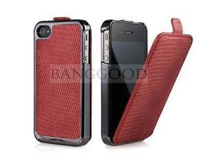 RED Deluxe Flip PU Leather Chrome Hard Case Cover For iPhone 4 4S CDMA