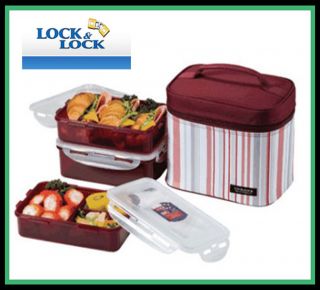 New Lock & Lock Lunch Box Purple Spripe Bento Set 3pc. Medium HPL817