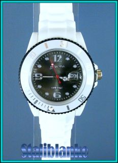 Geneva Herren Damen Silikon Uhr in schwarz weiß mit Datum Gummiuhr