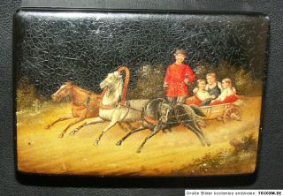 Russische Lackdose Troika 1850 Pferd Kutsche antik