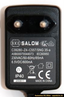 SALOM AC/DC Adaptor Netzteil Model C39280 Z4 C557/SNG 35 a 6,5V 600mA