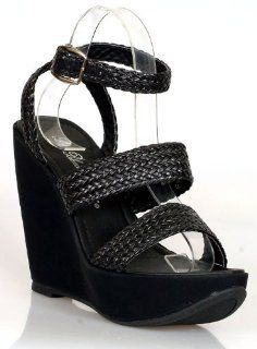 Ladies Black Designer Fashion Shoes Buckle Wedges 6 Shoes