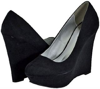 Qupid Worthy 01 Black Faux Suede Women Wedge Pumps: Shoes