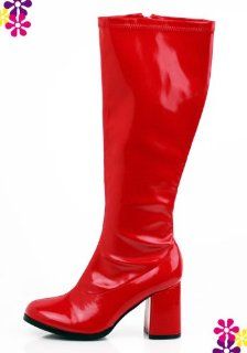 RED Patent Knee High Go Go Boots 60s 70s (6): Shoes